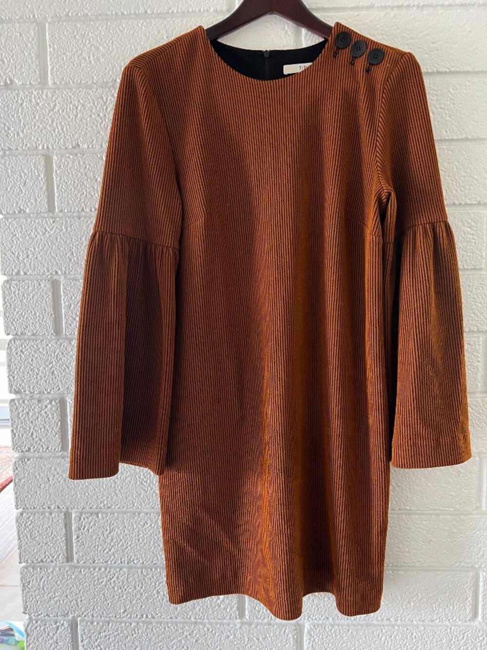 Women's Tibi Brown Textured Bell Sleeve Midi Shift Dress Size Medium